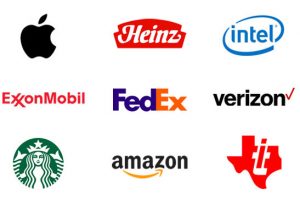 Image showing field of corporate logos - Apple, Heinz, Intel,Exxon, Fed Ex, Verizon, Starbucks, Amazon, and Texas Instruments